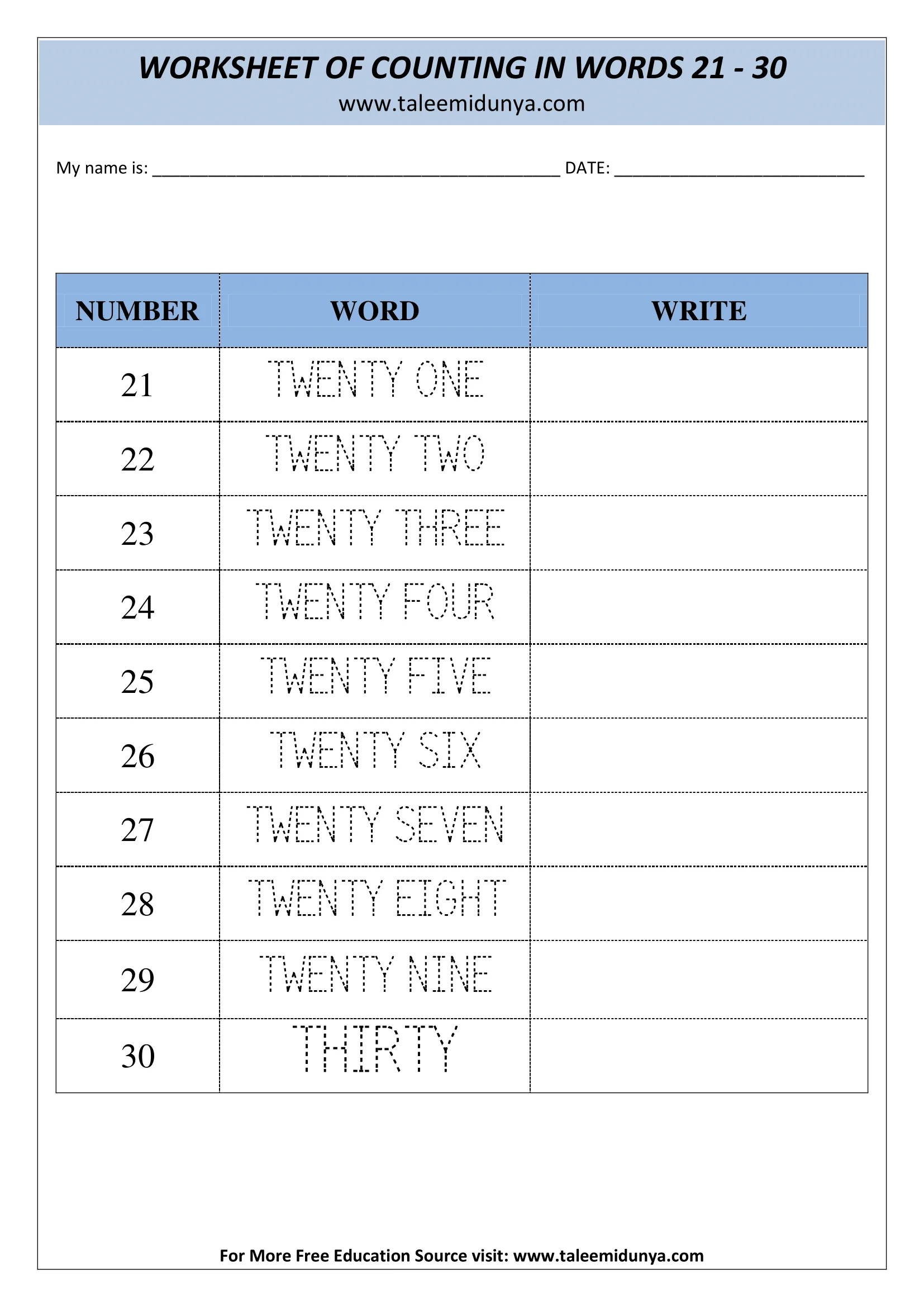 COUNTING IN WORDS 21-30